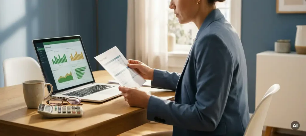 Customer service employee analyzes ROI report at modern desk with laptop, dashboard, and calculator in soft natural light.