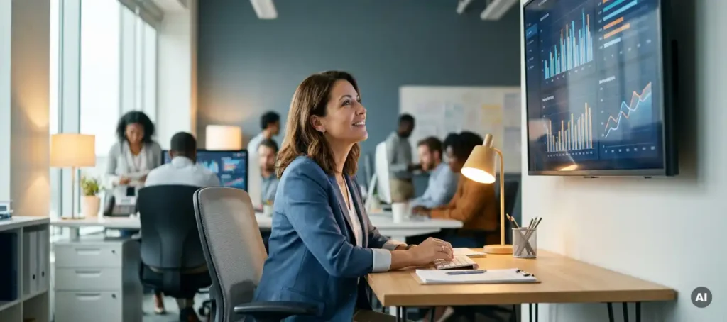 Customer service team leader analyzes performance metrics on a large dashboard in a modern open office with colleagues in the background.