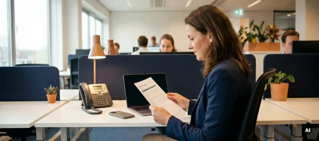 Customer service team leader studies cost comparison report at a modern open-plan office desk with phone, laptop, and smartphone.