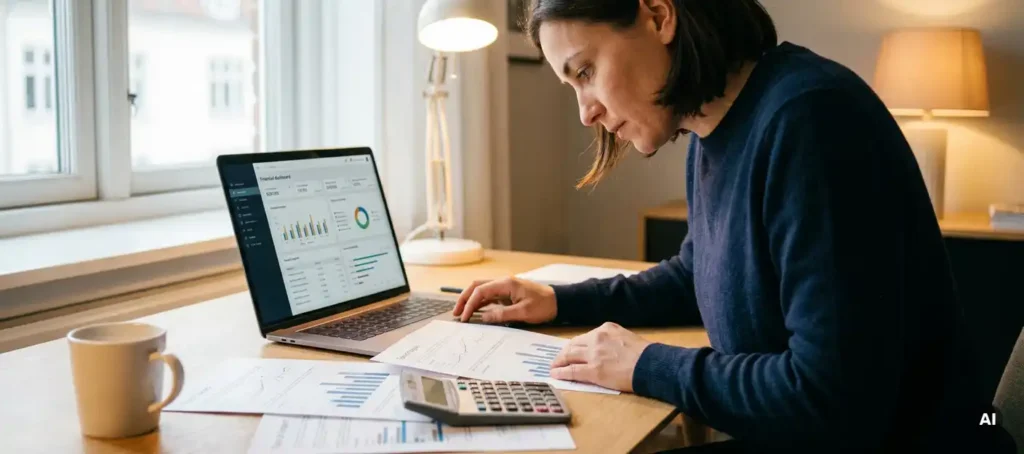Professional analyzing cost dashboard on laptop next to printed reports and calculator on modern desk.