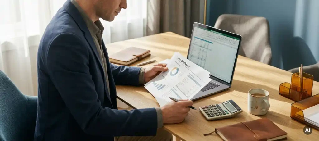 Business professional reviews printed cost specification next to laptop on modern office desk with calculator and coffee cup.