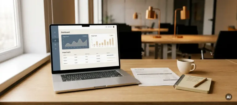 Open laptop with user dashboard and graphs on office desk, next to printed invoice and maintenance notepad, coffee cup in the foreground.
