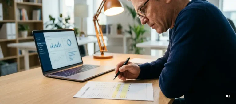 Professional checking double line items on a printed spreadsheet with pen, laptop with dashboard on desk, warm office light.