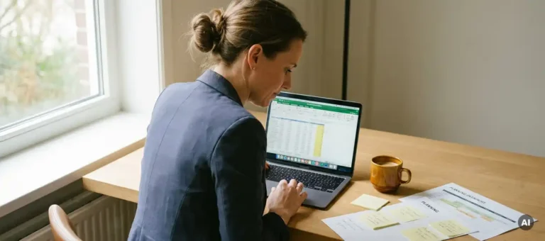 B2B project manager views budget overview on laptop, surrounded by sticky notes and project planning on a modern office desk.