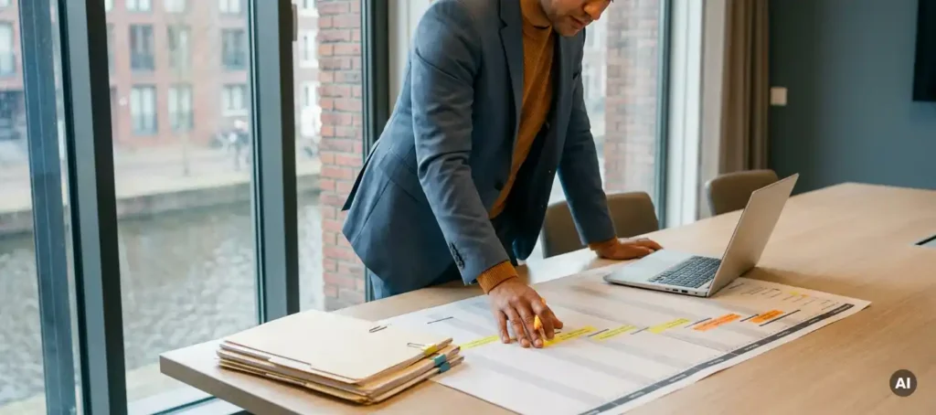 Businessman studies phased project planning on conference table with laptop and financial documents in modern Dutch office.