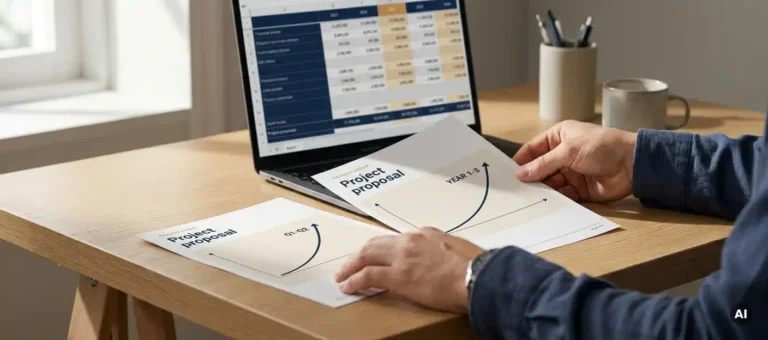 Financial analyst compares two project proposals on a modern desk with laptop in the background.