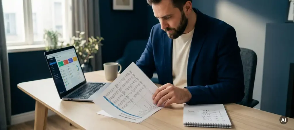 IT professional analyzes cost report next to laptop with software dashboard on modern office desk.