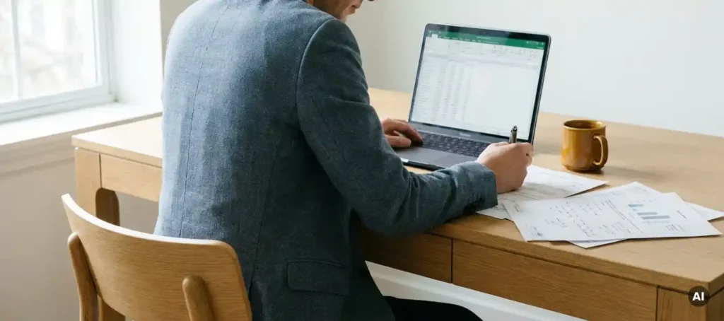 Professional comparing multiple quotes on desk next to open laptop with spreadsheet, pen in hand, coffee within reach.